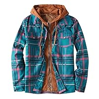 Men's Sherpa Lined Flannel Shirt Jacket Hooded Zipper Pocket Long Sleeve Shirt Patchwork Jacket Loose Thickened Mens
