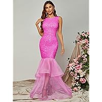 Women's Dress Dresses for Women Contrast Mesh Mermaid Hem Sequin Formal Dress (Color : Pink, Size : Small)
