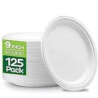 100% Compostable 9 Inch Heavy-Duty [125-Pack] Eco-Friendly Disposable White Bagasse Plate, Made of Natural Sugarcane Fibers - 9