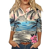Womens Tops Dressy Casual,3/4 Sleeve Tops for Women Vintage Print Button Top Graphic Tees for Women