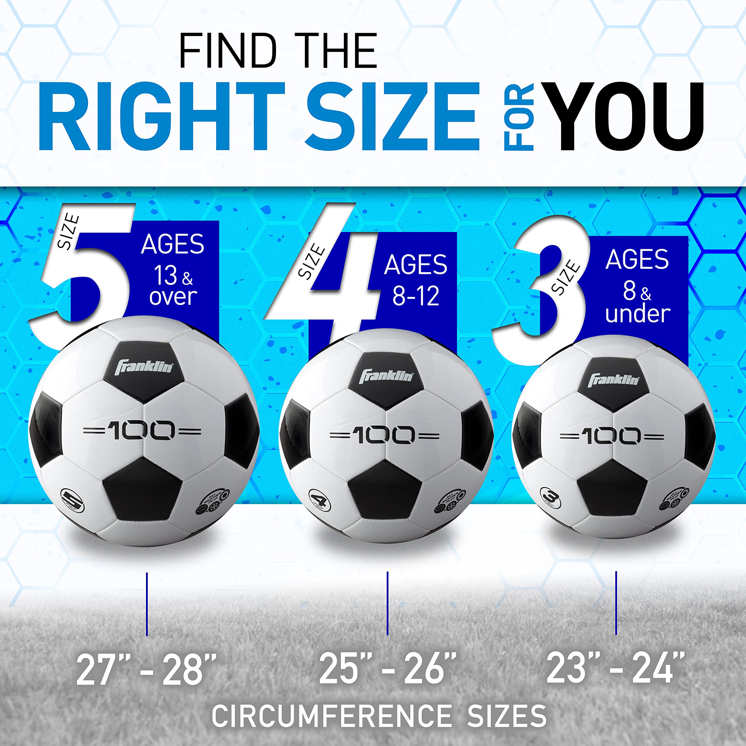 Franklin Sports Soccer Balls - Competition 100 Youth + Adult Soccer Balls - Size 3, Size 4 + Size 5 Traditional Soccer Balls - Single + 12 Ball Bulk Packs - Black + White