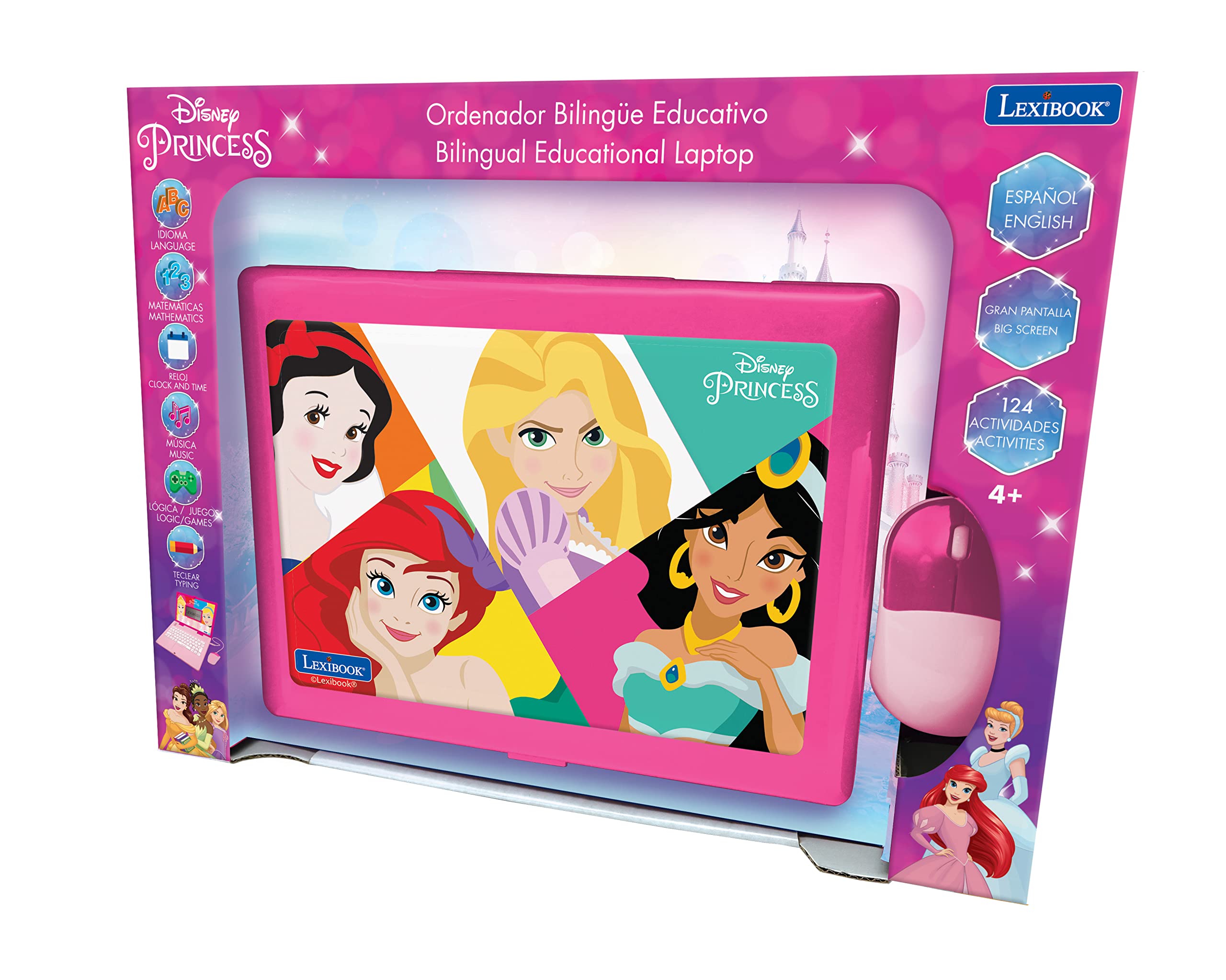 Lexibook Disney Princess - Educational and Bilingual Laptop Spanish/English - Girls Toy with 124 Activities to Learn, Play Games and Music - Pink JC598DPi2