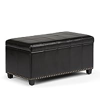 SIMPLIHOME Amelia 33 Inch Wide Transitional Rectangle Storage Ottoman Bench in Midnight Black Vegan Faux Leather, For the Living Room, Entryway and Family Room