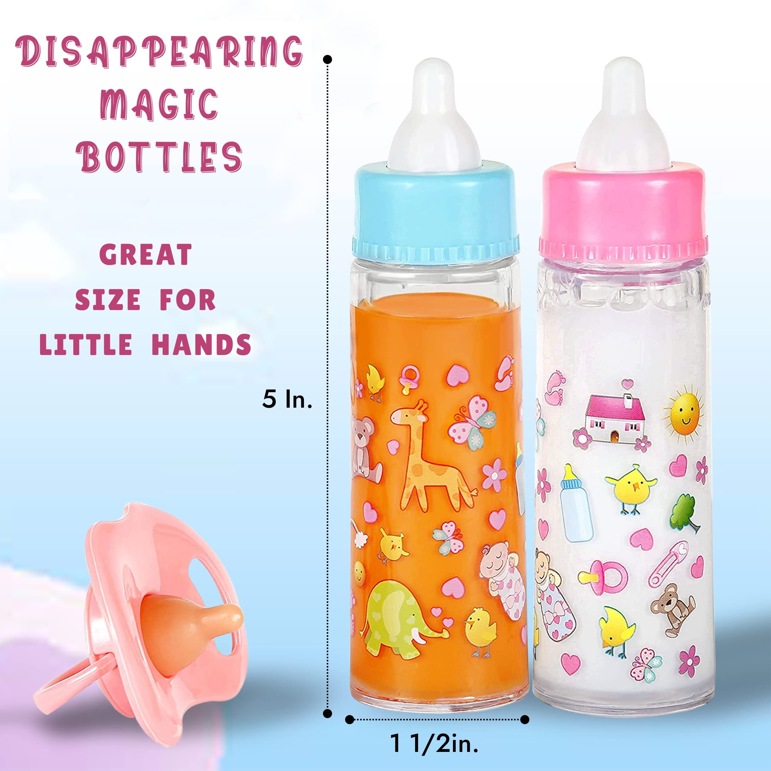 Exquisite Buggy My Sweet Baby Disappearing Magic Bottles - Includes 1 Milk, 1 Juice Bottle with Pacifier for Baby Doll (Colorful)