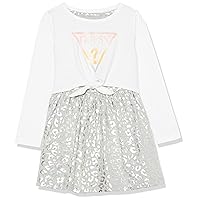 GUESS Girls' 3/4 Sleeve Logo Dress with Front Tie, Pure White