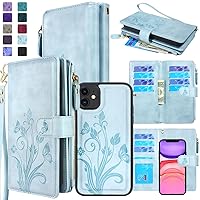 Compatible with iPhone 11 6.1 inch Case[Card Slot] ID Credit Cash Holder Zipper Pocket Detachable Magnet Leather Wallet Cover Strap Lanyard Carrying Pouch(Floral Sky Blue)