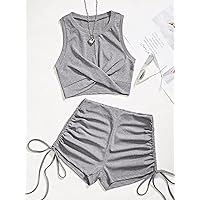 Two Piece Outfits for Women Solid Twist Front Crop Tank Top & Shorts (Color : Gray, Size : Medium)