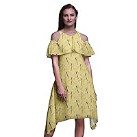 Bimba Moss Georgette Printed Women’s Chic Style Cold Shoulder Tunic Party Round Neck Shift Dress