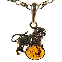 BALTIC AMBER AND STERLING SILVER 925 LION PENDANT NECKLACE - 14 16 18 20 22 24 26 28 30 32 34