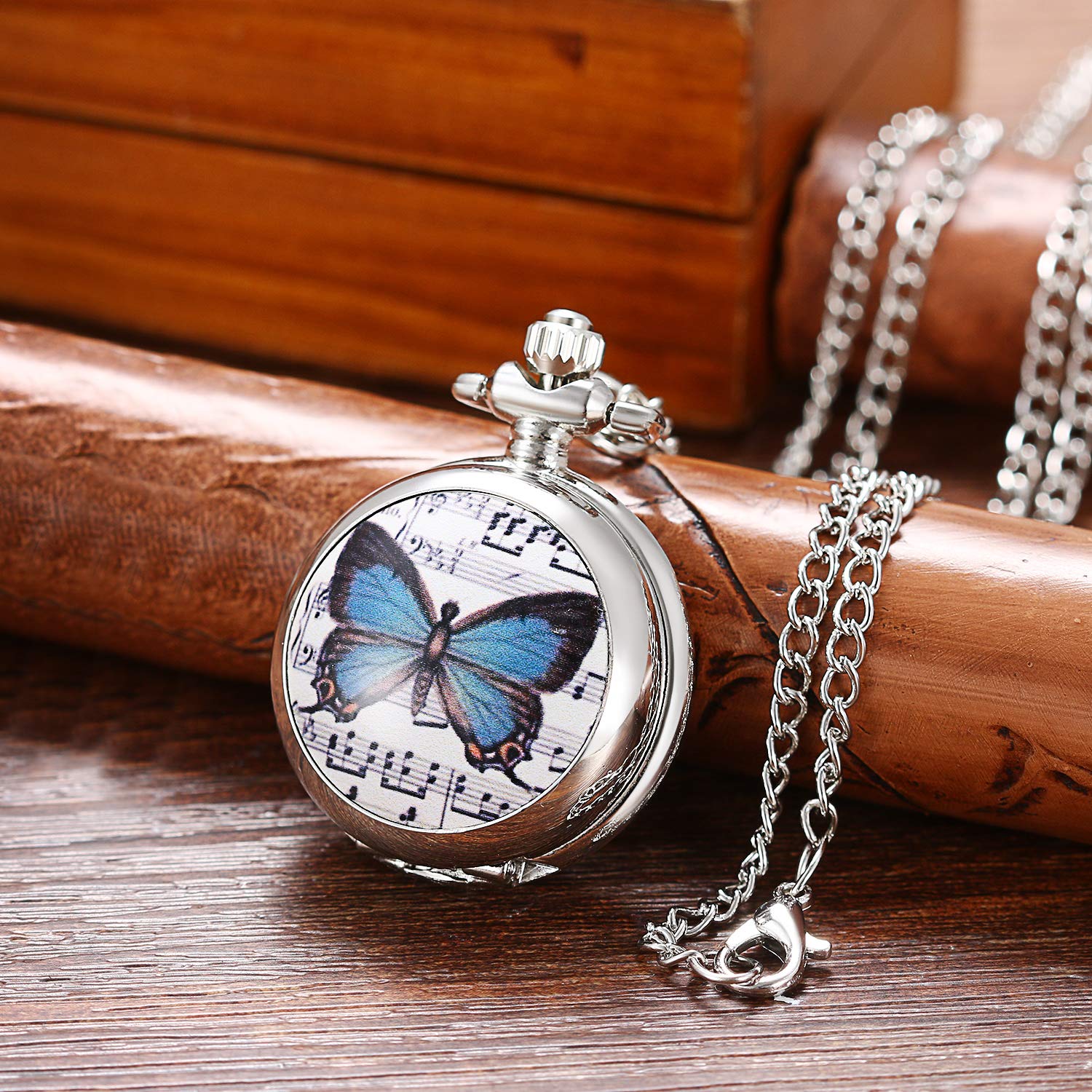 Lancardo Women Pocket Watch Beautiful Butterfly Silver Quartz Sweater Necklace with Chain Pendant Watch for Mother