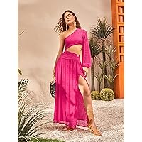 Easter Dress for Women -Ring One Shoulder Lantern Sleeve Cut Out Split Thigh Dress (Color : Hot Pink, Size : S)