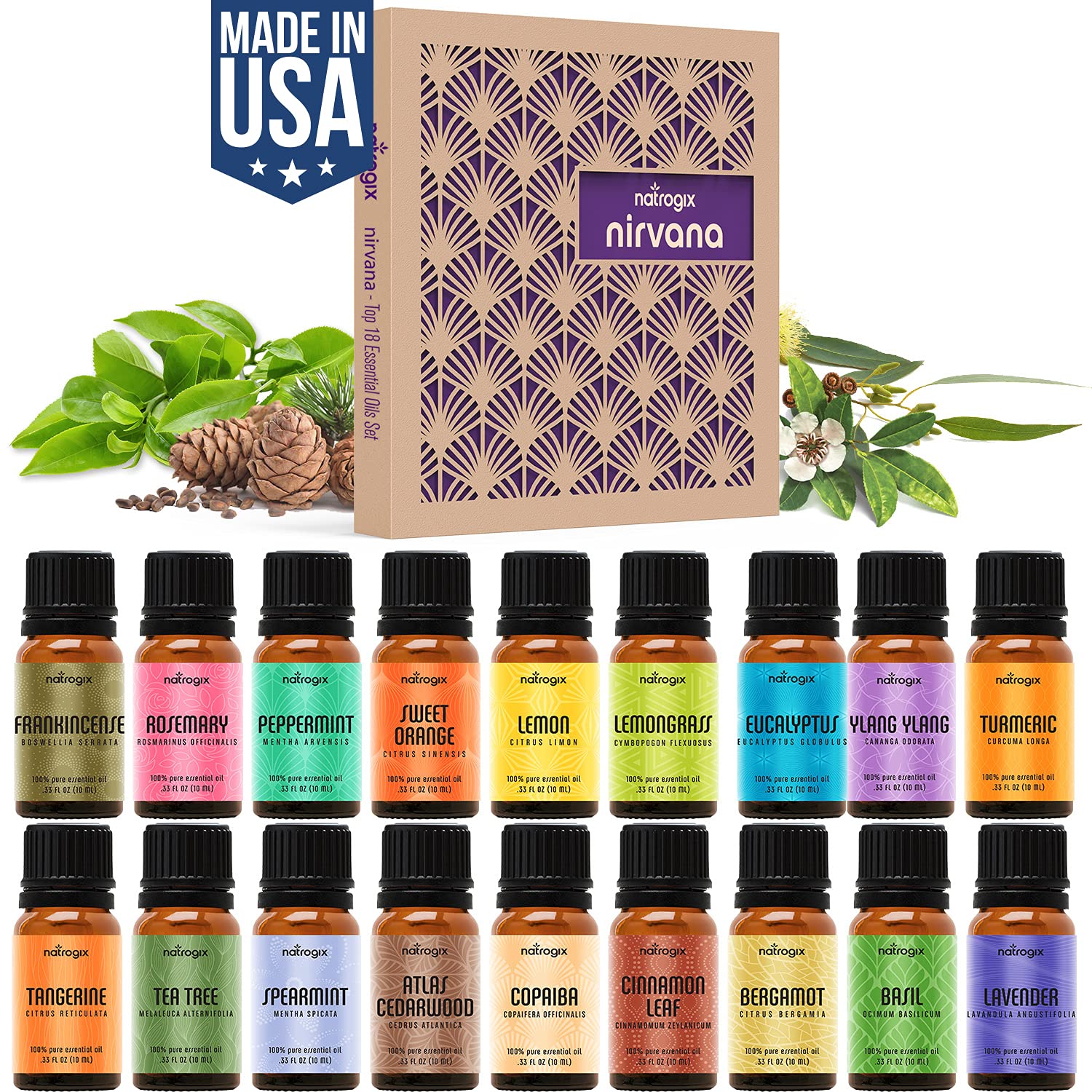 Natrogix Essential Oils 18 Pack 10ml Made in USA 100% Pure Natural Essential Oil Set Essential Oils for Diffuser Humidifier