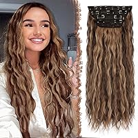 Clip in Hair Extensions 4 PCS Thick Full Head Balayage Curly Wavy Clip in Extension Synthetic Long Honey Blonde Mixed Light Brown Hair Piece for Women Girls 20 inch