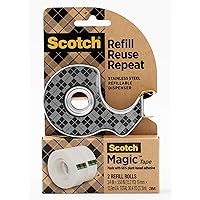 Scotch Stainless Steel Refillable Dispenser and 2 Rolls of Scotch Magic Tape with 66% Plant Based Adhesive, 0.75 in. x 550 in, Invisible Tape, Oﬃce Supplies and School Supplies