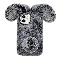 Bonitec Compatible with Galaxy S23 Rabbit Case, Bling Fur Case for Women Luxury Cute Warm Handmade Rabbit Bunny Furry Fuzzy Fluffy Soft 3D Ear Hair Plush Ball Protective Case Cover for Girls