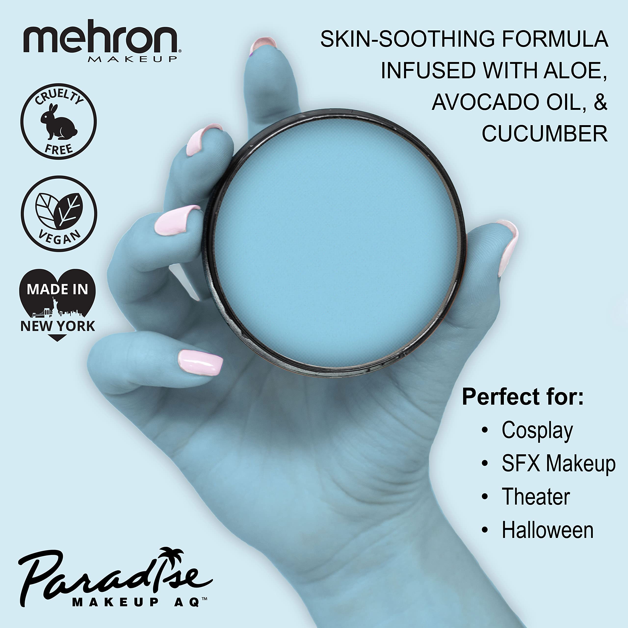 Mehron Makeup Paradise Makeup AQ Pro Size | Perfect for Stage & Screen Performance, Face & Body Painting, Special FX, Beauty, Cosplay, and Halloween | Water Activated Face Paint & Body Paint 1.4 oz (40 g) (Light Blue)