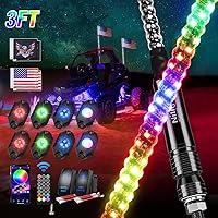 Nilight 2PCS 3FT RGB LED Whip Light and 8 PCS RGB Rock Lights Combo, Remote & App Control w/DIY Chasing Patterns Stop Turn Reverse Light Safety Antenna Lighted Whips for ATV UTV, 2 Year Warranty