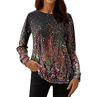 Women's Y2K Top Fashion Casual Long Sleeve Print Round Neck Pullover Top Blouse, S-3XL