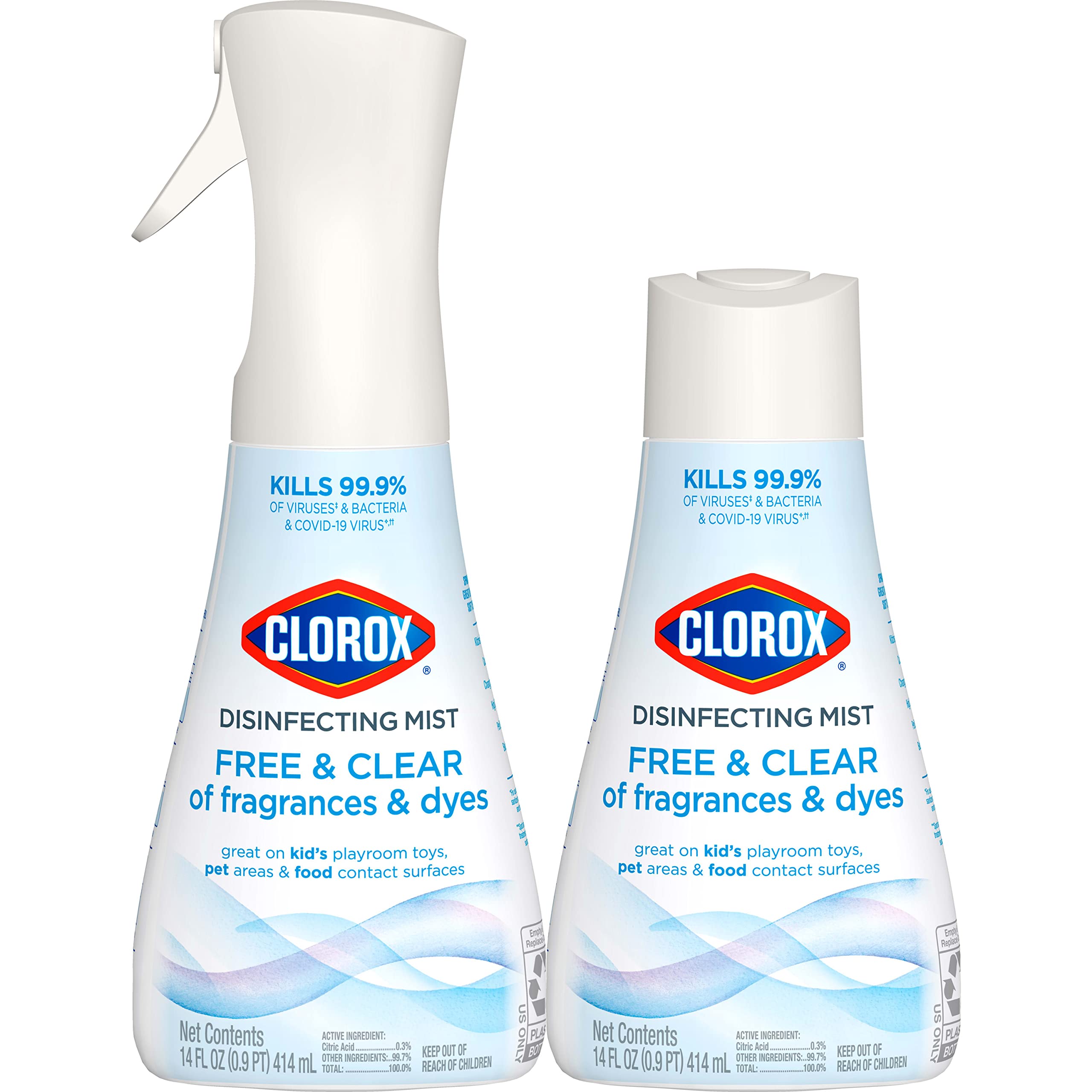 Clorox Free & Clear Disinfecting Mist, 1 Spray Bottle and 1 Refill, 14 Fl Oz Each