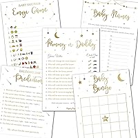 Baby Shower Games for Boy or Girl - Set of 5 Activities for 50 Guests - 250 Cards Pack - Gender Reveal Party Supplies Games Activities - Gender Neutral - Gold Stars