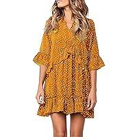 Women's V Neck Ruffle Polka Dot Dress Casual Loose Swing T-Shirt Dresses Half Bell Sleeve Mini Dress