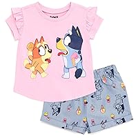Bluey Girls T-Shirt and Chambray Shorts Outfit Set Toddler to Little Kid Sizes (2T - 7-8)