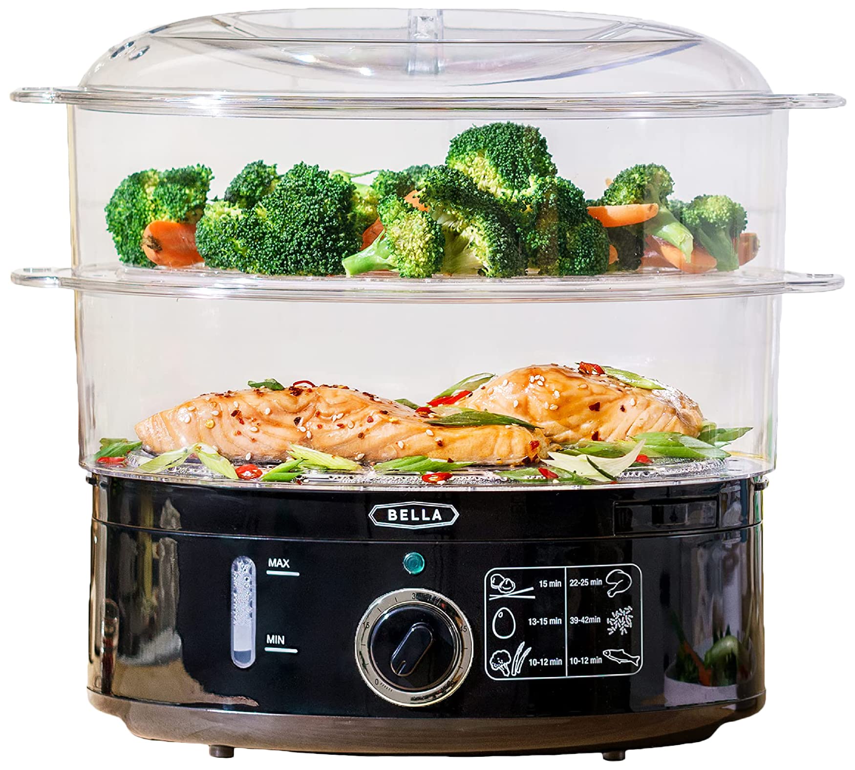 BELLA Two Tier Food Steamer with Dishwasher Safe Lids and Stackable Baskets & Removable Base for Fast Simultaneous Cooking - Auto Shutoff & Boil Dry Protection, 7.4 QT, Black