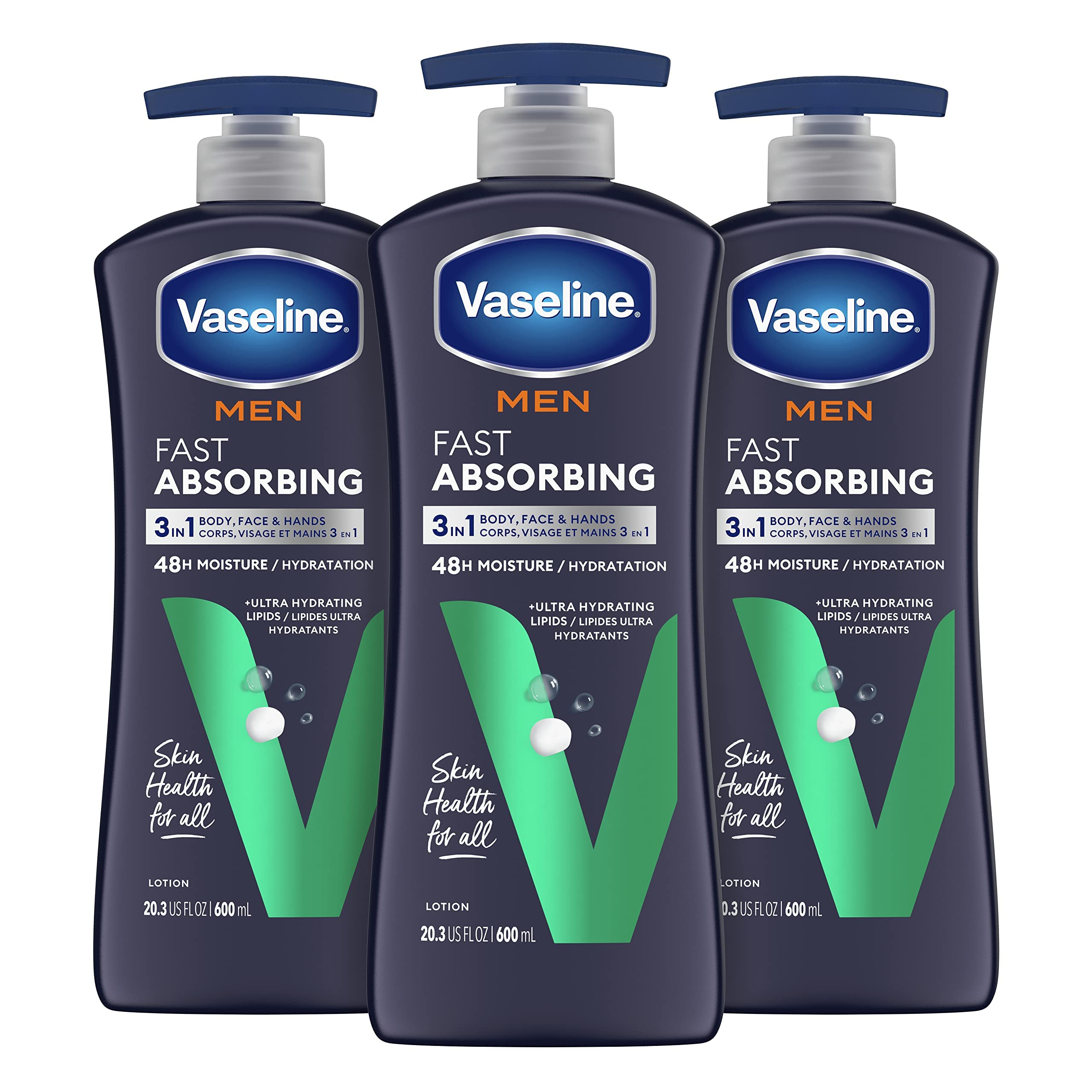 Vaseline Men's Healing Moisture Hand & Body Lotion For Dry or Cracked Skin Fast Absorbing Non-Greasy Lotion for Men 20.3 oz, Pack of 3
