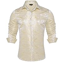 DiBanGu Mens Silk Paisley Dress Shirts, Woven Long Sleeve Button Down Dress Shirt with Collar Pin for Men Wedding Party
