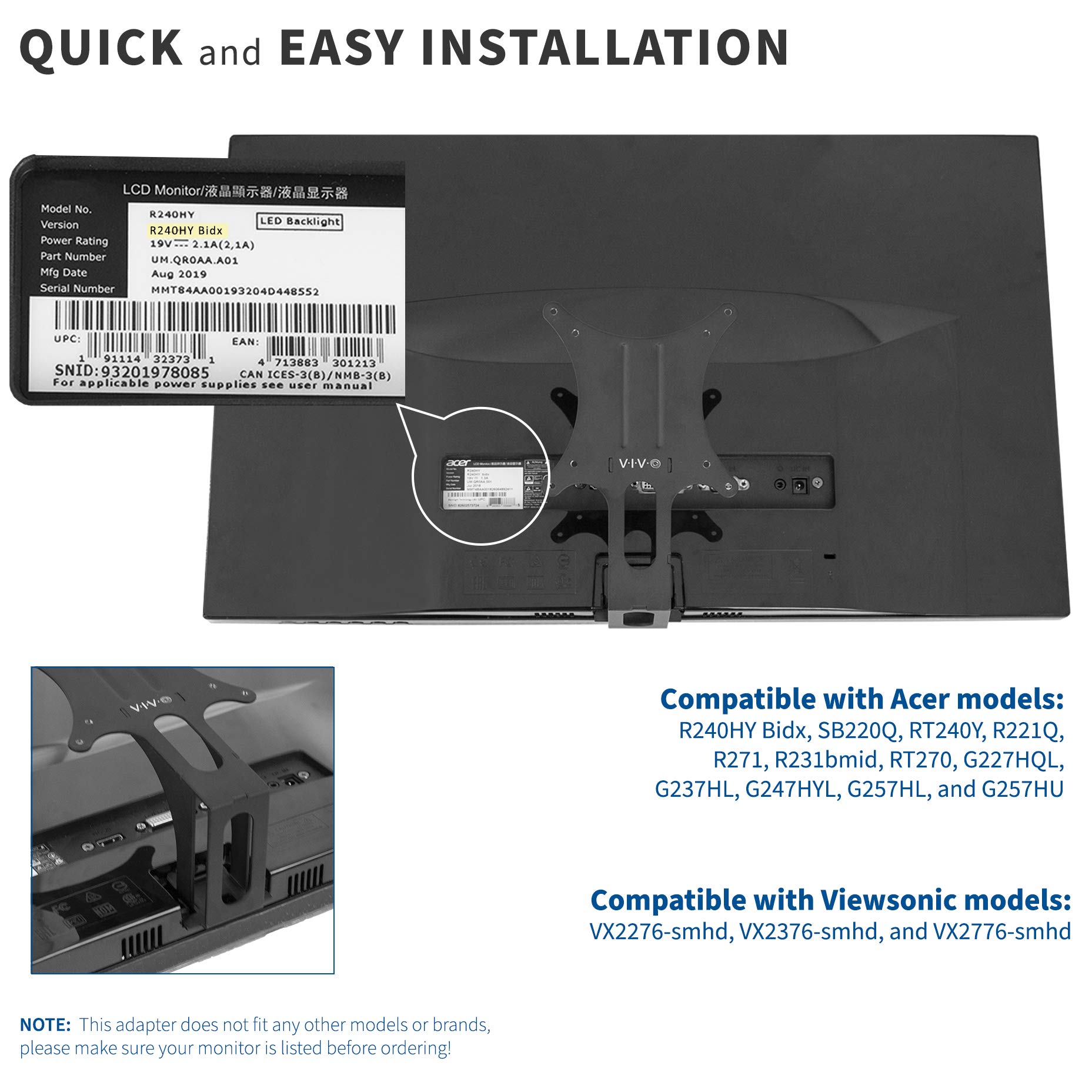 VIVO Quick Attach VESA Adapter Plate, Designed for Acer and Viewsonic Monitors Including R240HY bidx, SB220Q, RT240Y, R221Q, RT270, G227HQL, VX2276-smhd, and More, VESA up to 100x100, MOUNT-AR240H