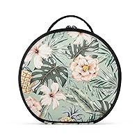 ALAZA Tropical Hibiscus Rose Flower Pineapples Cosmetic Bag Round Travel Makeup Case Organizer Portable Storage Toiletry Bag with Adjustable Dividers for Women Business Trip College Dorm