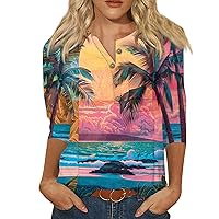 3/4 Sleeve Summer Tops for Women Plus Size Button Down Blouses Dressy Casual Cooling Printed Shirts Trendy Graphic Tees