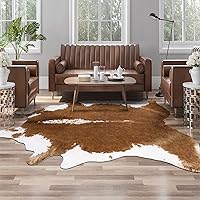AROGAN Premium Faux Cowhide Rug 4.6 x 5.2 Feet, Sturdy and Large Size Cow Print Rugs, Suitable for Bedroom Living Room Western Decor, Faux Fur Animal Cow Hide Carpet, Brown