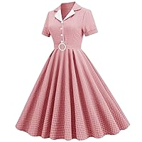 Womens 1950s Cape Collar Vintage Swing Stretchy Dresses Plaid 50s Audrey Hepburn Style Rockabilly Cocktail Dress Pink
