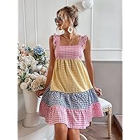 Women's Dress Colorblock Gingham Print Frill Ruffle Hem Dress Summer Dress (Size : Small)