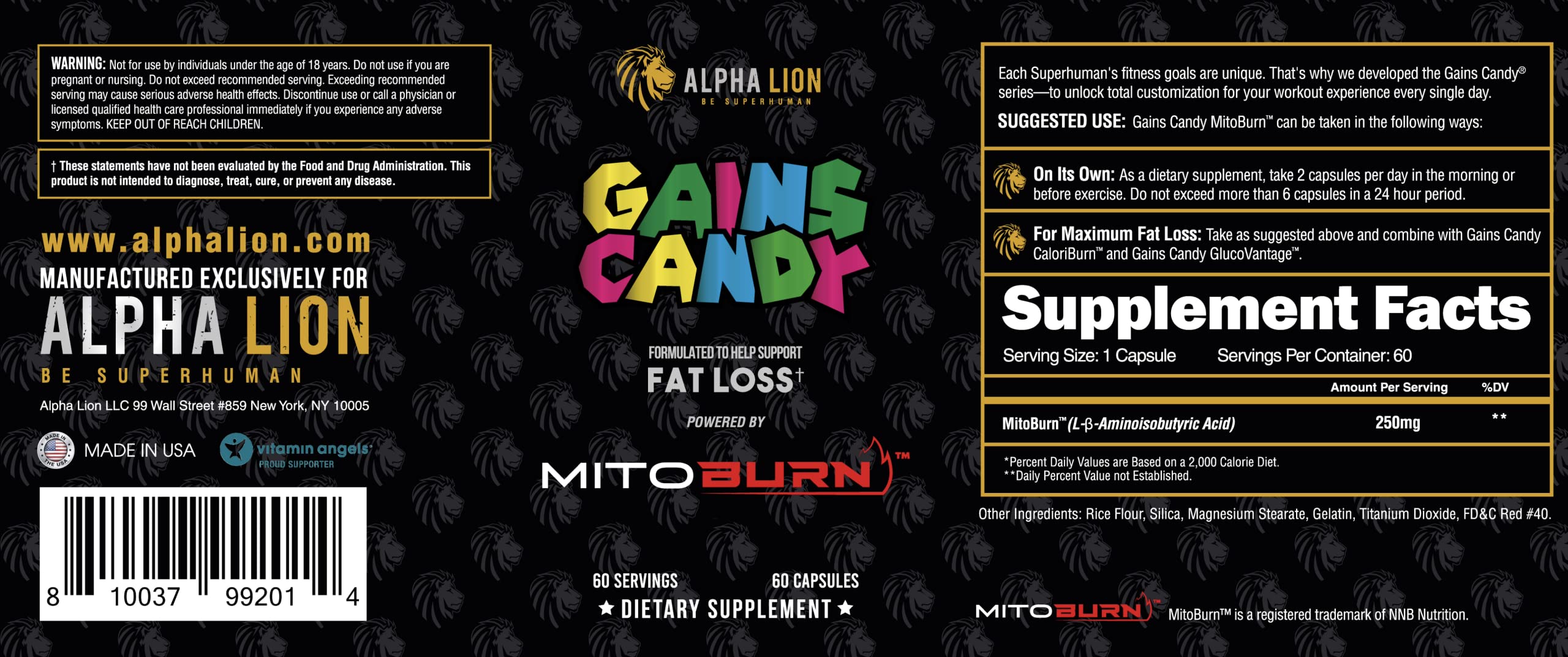 ALPHA LION Gains Candy, Supplement Pills That Support Weight Loss, Appetite Suppressant, Keto-Diet Friendly, Decrease Body Fat, Upgrade Energy & Workout Performance, 60 Capsules (MitoBurn®)