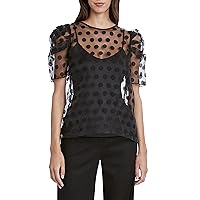 BCBGMAXAZRIA Women's Mesh Top with Poof Sleeves and Lined Camisole