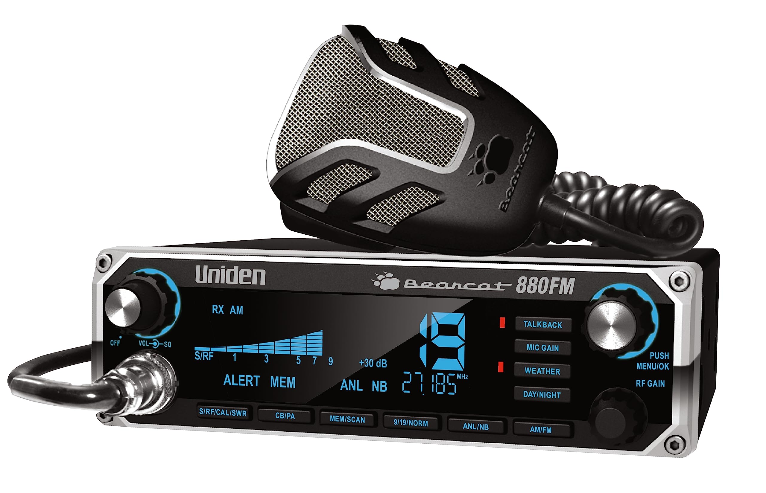 Uniden Bearcat 880FM CB Radio, 40 Channels with Dual-Mode AM/FM, Large Easy-to-Read Backlit 7-Color LCD Display, Backlit Knobs/Buttons, NOAA Weather Alert, PA/CB Switch, and Wireless Mic Compatible