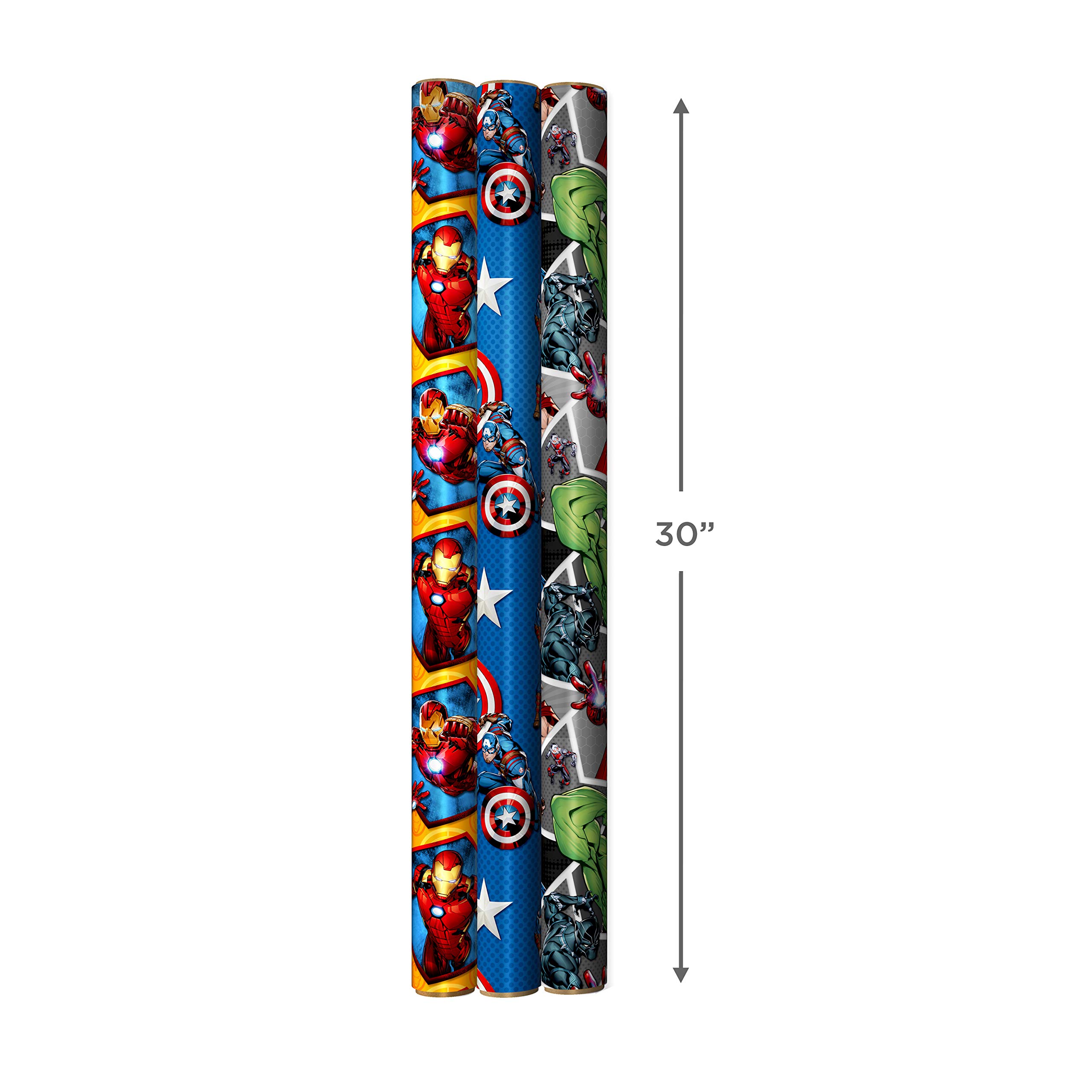 Hallmark Avengers Wrapping Paper with Cut Lines on the Reverse (3-Pack: 60 sq. ft. ttl) with Captain America, Iron Man, Black Widow, Thor and Hulk for Birthdays, Christmas, Father's Day and More