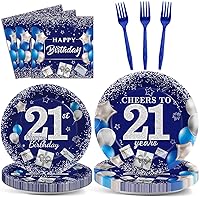 gisgfim 96 Pcs 21st Birthday Plates and Napkins Party Supplies Cheers to 21 Years Tableware Set Blue Silver 21st Birthday Dinnerware Party Decorations Favors for 21 Years Old Boys Girls for 24 Guests