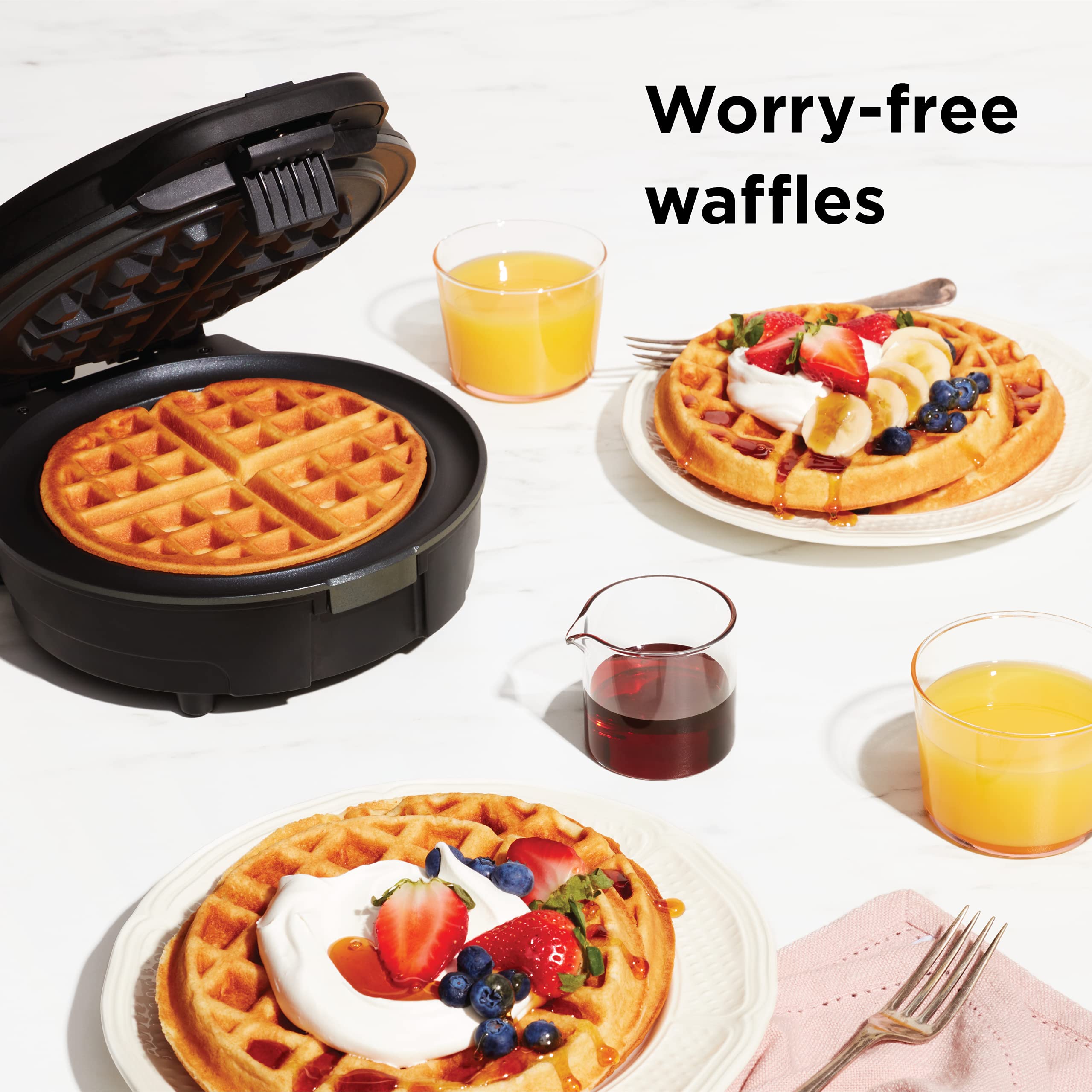 Chefman Anti-Overflow Belgian Waffle Maker w/Shade Selector, Temperature Control, Mess Free Moat, Round Iron w/Nonstick Plates & Cool Touch Handle, Measuring Cup Included, Black