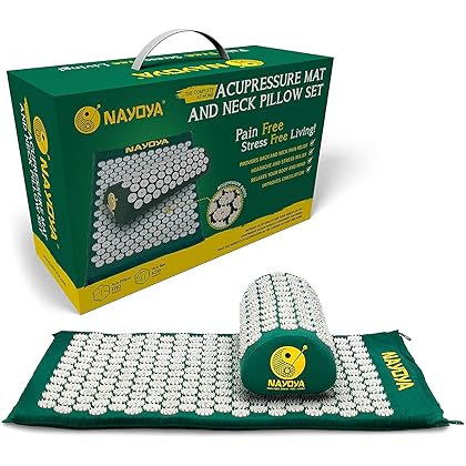 NAYOYA Neck and Back Pain Relief - Acupressure Mat and Neck Pillow Set - Relieves Stress and Sciatic Pain for Optimal Health and Wellness - Comes in a Carry Box with Handle for Storage and Travel