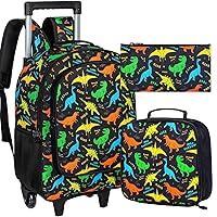 3PCS Rolling Backpack for Boys, Dinosaur Roller School Bag with Wheels for Kids, Wheeled Bookbag with Lunch Box for Children - Black