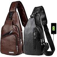 Peicees Pack of 2 Large&Medium Leather Sling Bag Mens Crossbody Bag Chest Bag Sling Backpack for Men with USB Charge Port, Classic Black Dark Brown & Vertical Zipper Black Medium