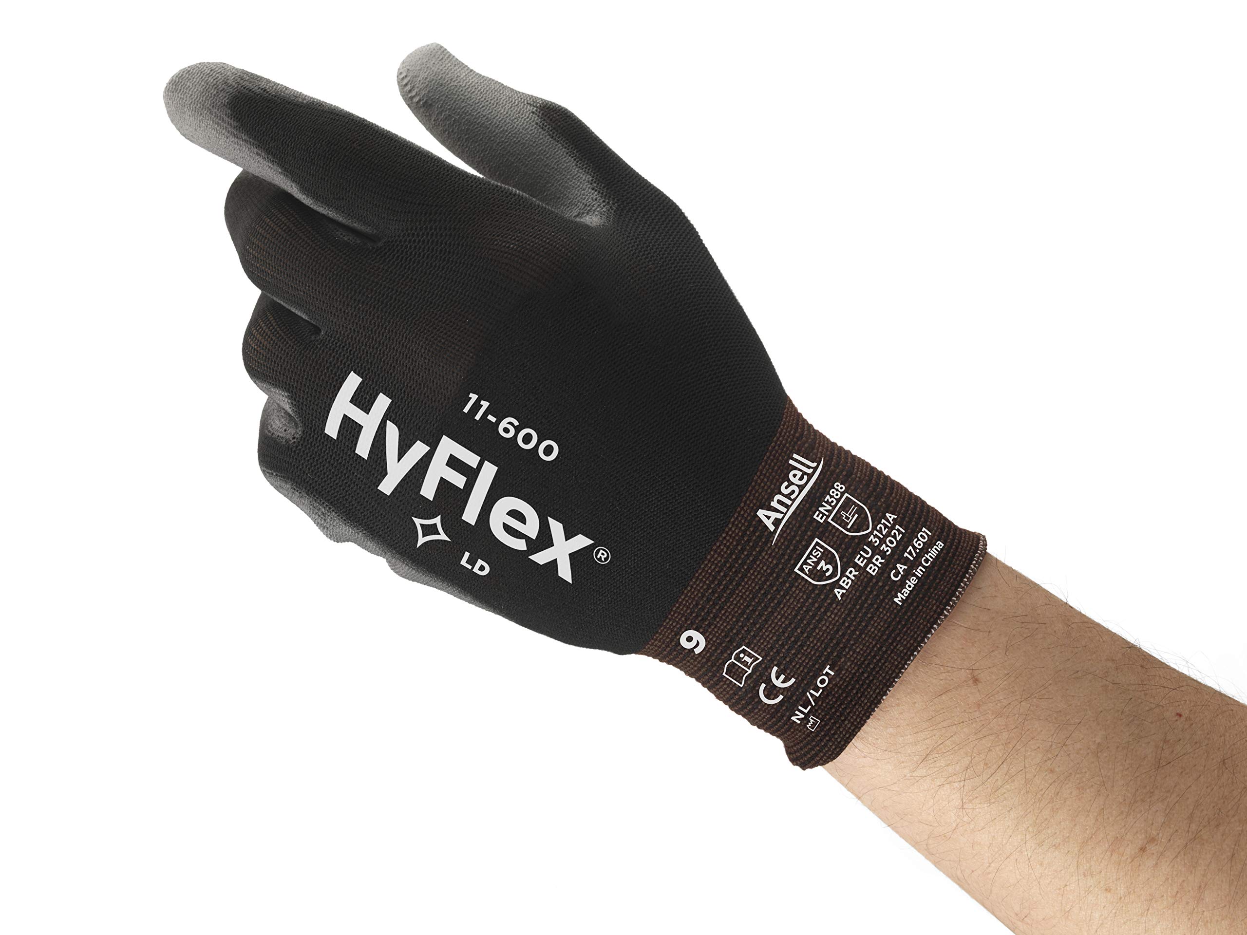 HYFLEX 11-600 Light Duty Nylon Industrial Gloves w/Palm Coating for Metal Fabrication, Automotive - Black