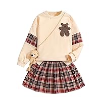 OYOANGLE Girl's 3 Piece Outfits Cartoon Print Long Sleeve Pullover Sweatshirt Top and Plaid Skirts and Bag Sets
