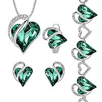 Leafael Infinity Love Heart Necklace, Stud Earrings, Bracelet, and Ring Set, May Birthstone Crystal Jewelry, Silver Tone Gifts for Women, Emerald Green