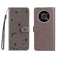 Case for Honor X30/Magic 4 lite,Cat and Bees Embossing Pattern Premium Leather Wallet Kickstand Flip Case Magnetic Clasp Cover