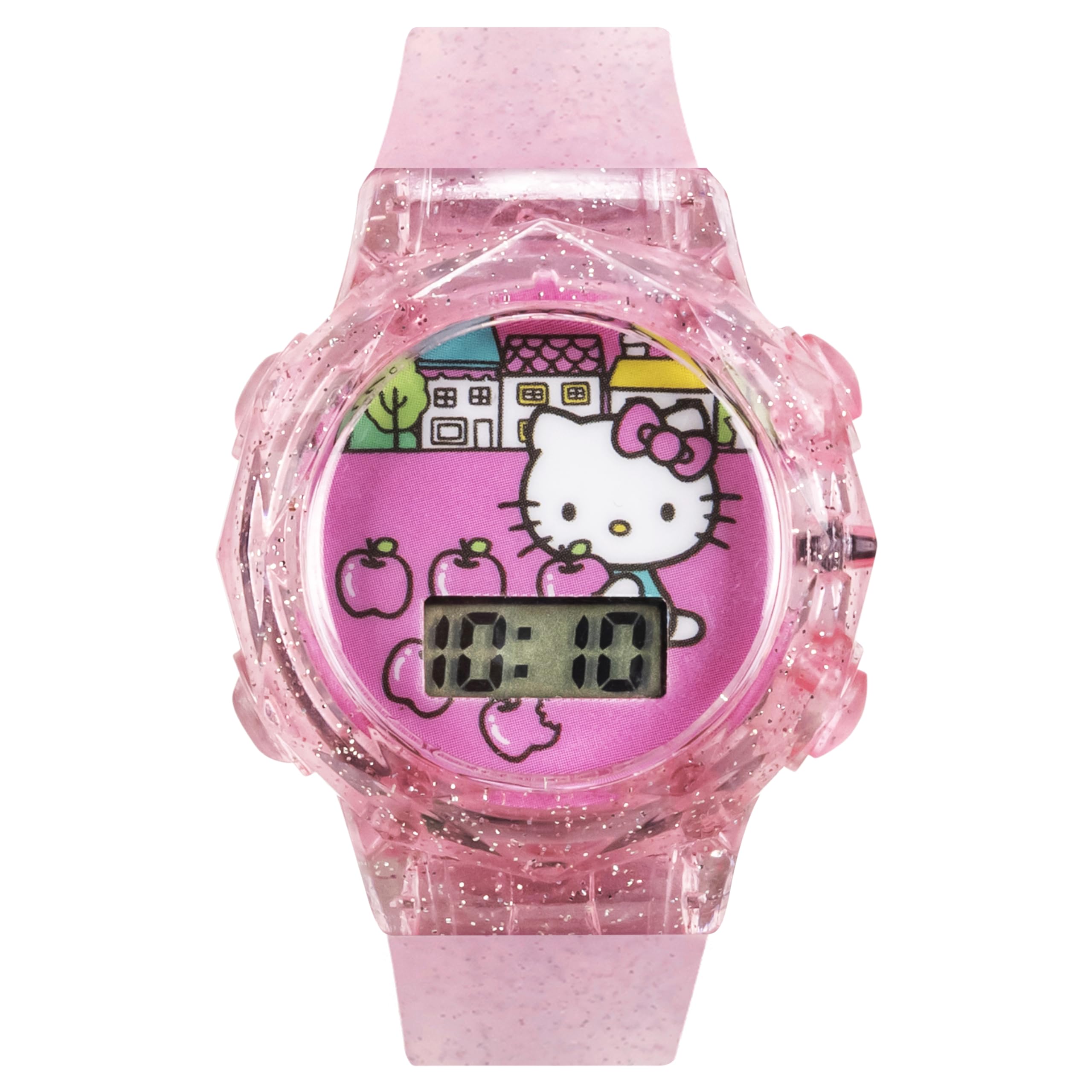 Accutime Hello Kitty Digital LCD Quartz Kids Pink Watch for Girls with Pink Glitter Hello Kitty and Friends Band Strap (Model: HK4168AZ)