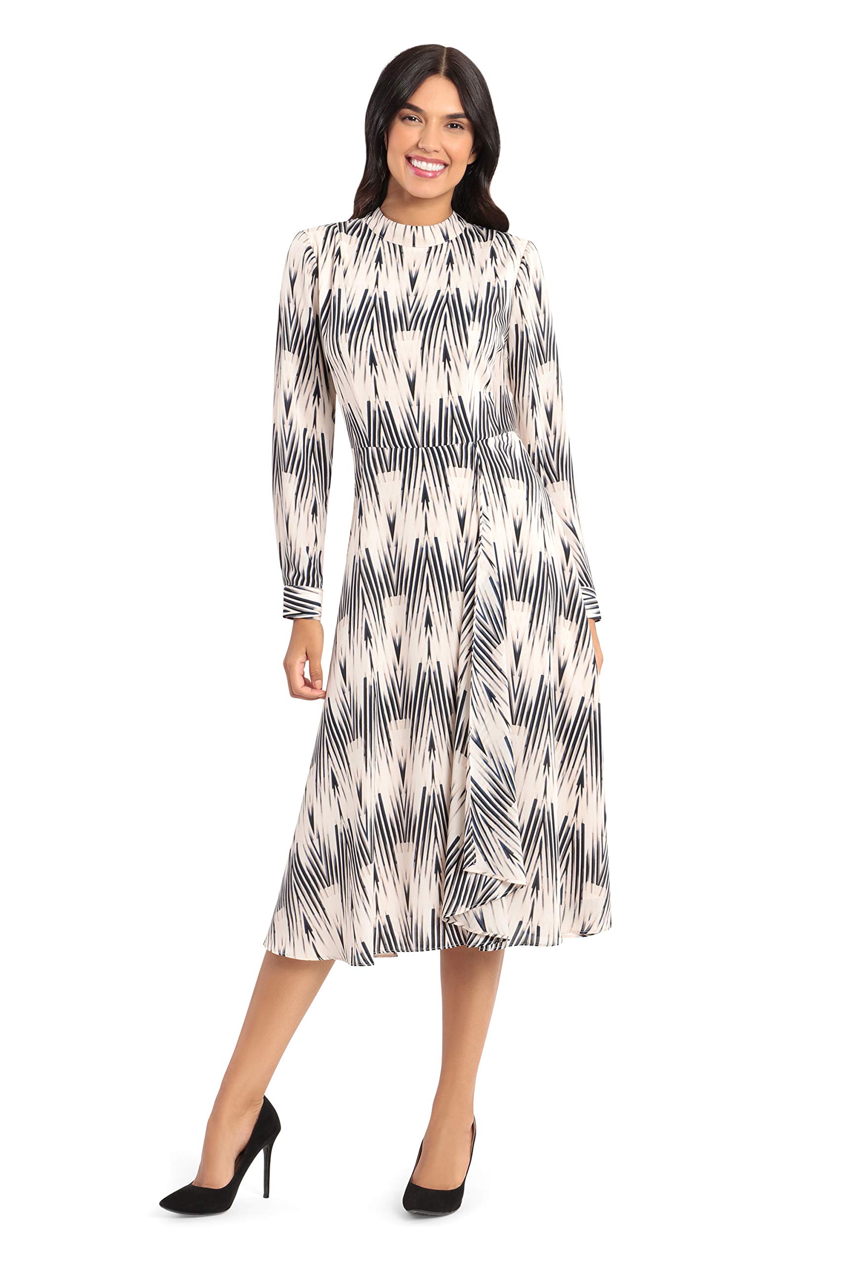 Maggy London Women's Printed Abstract Chevron Cuff Long Sleeve Collar Neck Side Cascade Tea Dress